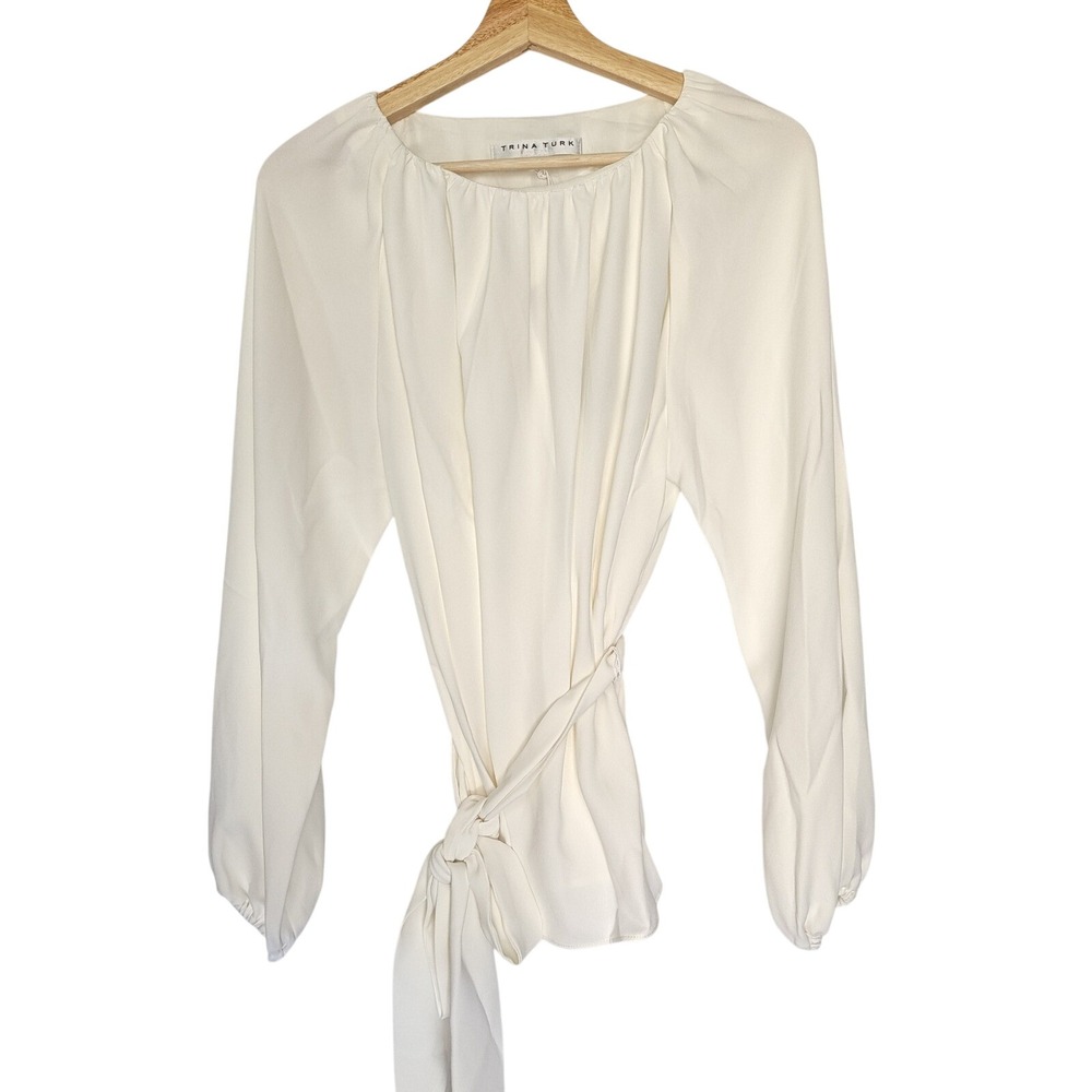 Trina Turk Sana Top Ivory Long Sleeve Tie Waist Gathered Neck Blouse XS New
